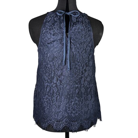 Navy Blue Women’s Medium Lace Halter Tunic Blouse Lined Eyelash Fringe Summer - Picture 2 of 7